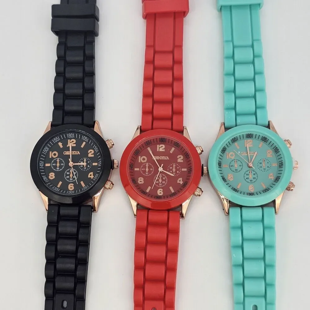 3X Analog Women's Fashion Watches 38MM Black Red Teal Dial‎ Plastic Band Straps
